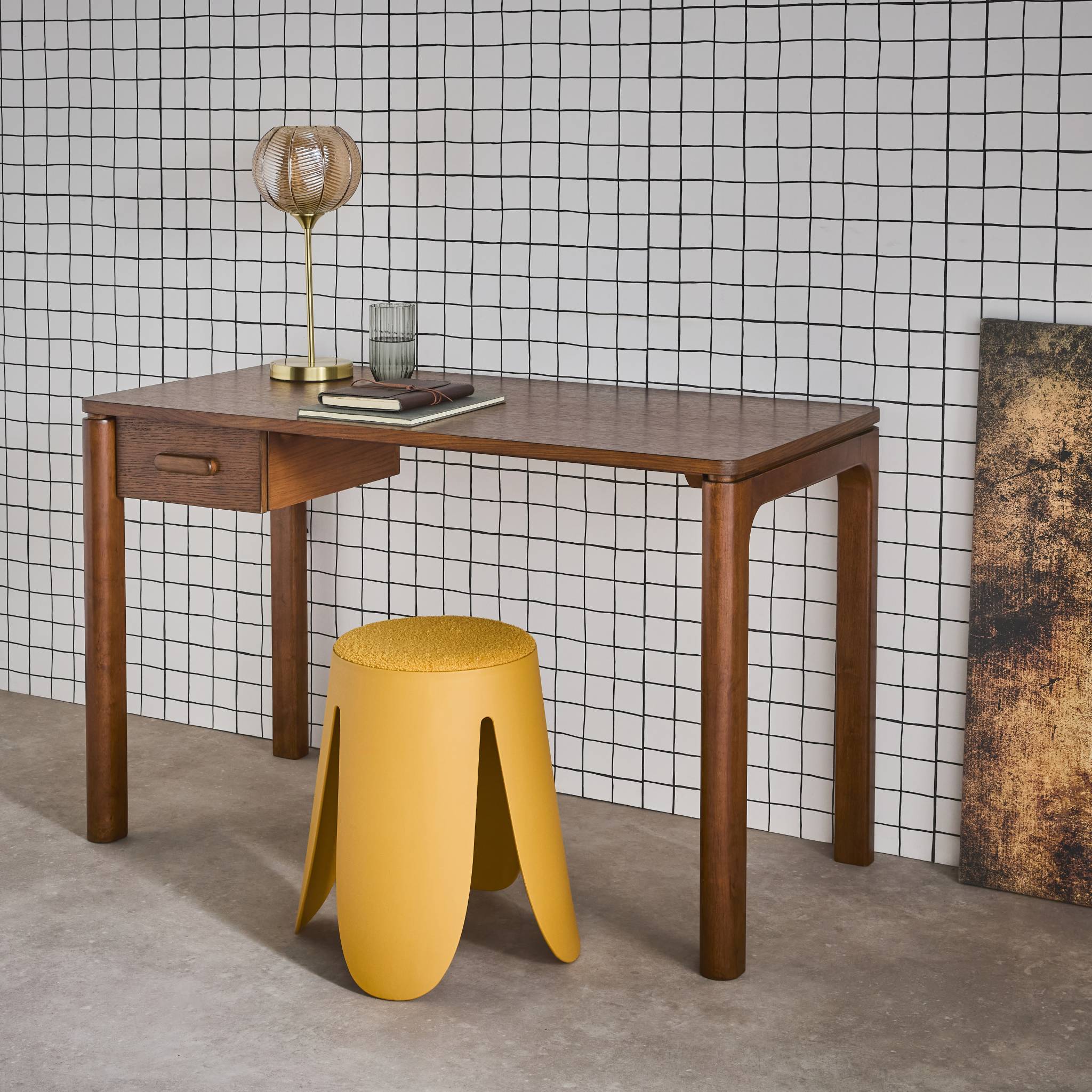 Scrivania in legno di caucciù impiallacciatura di quercia, 1 cassetto,