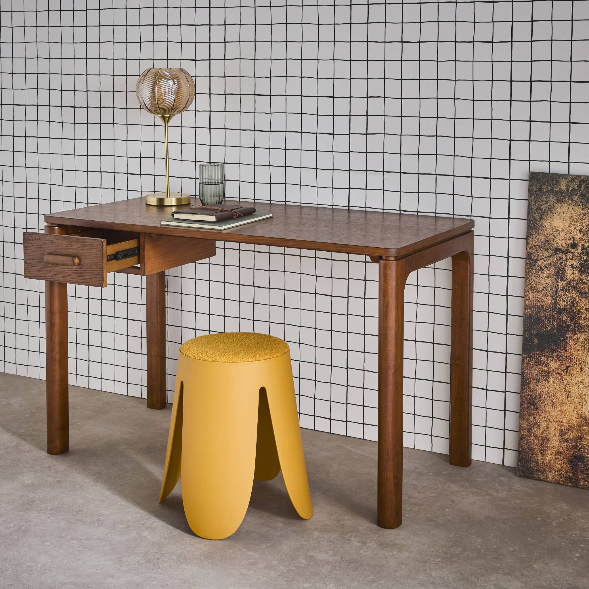 Scrivania in legno di caucciù impiallacciatura di quercia, 1 cassetto,