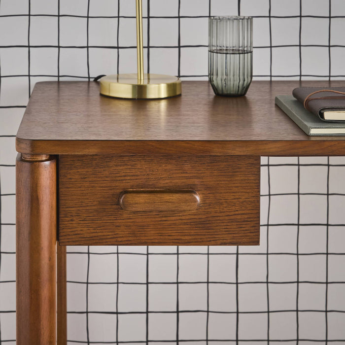 Scrivania in legno di caucciù impiallacciatura di quercia, 1 cassetto,