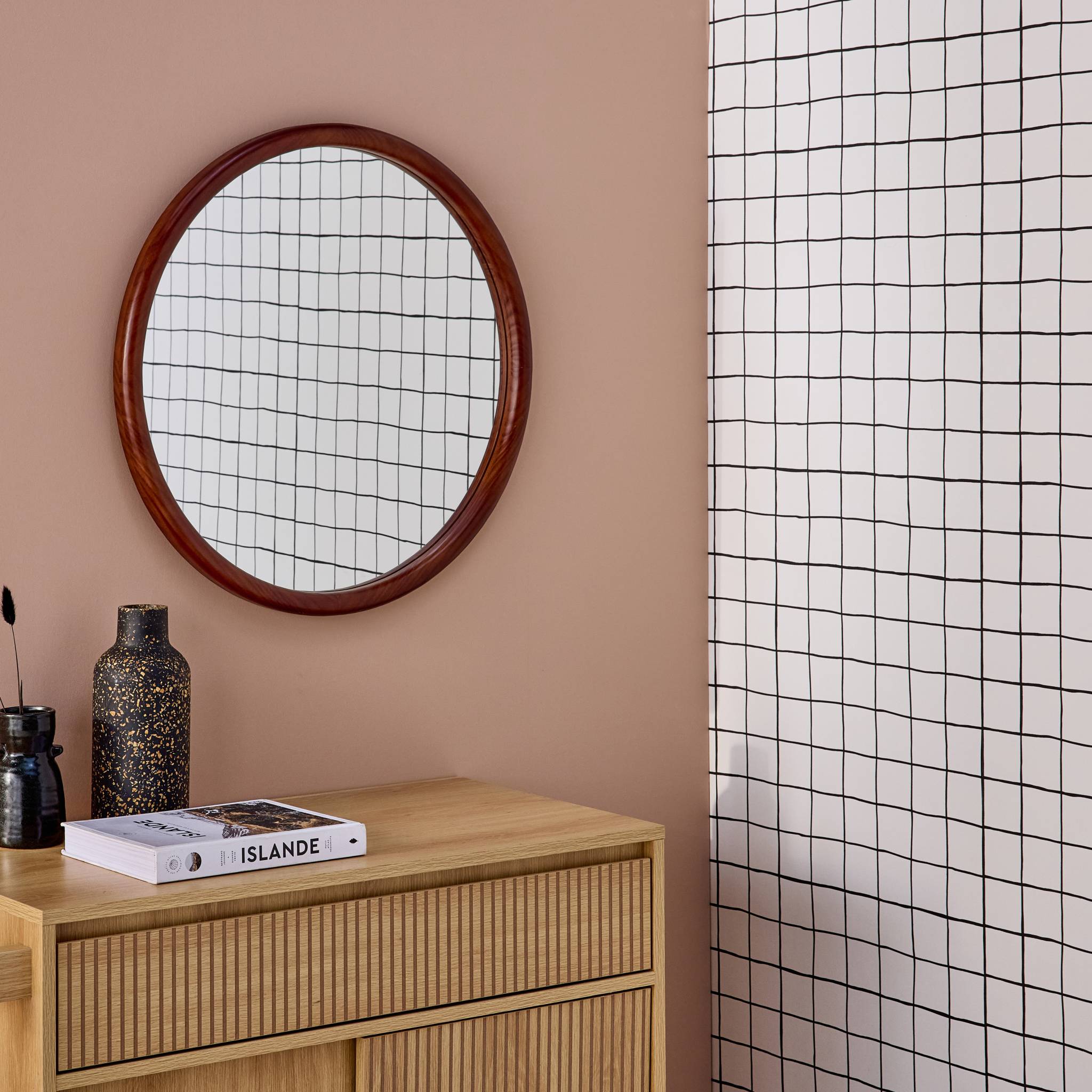 Specchio rotondo in legno di pino, 60cm, marrone