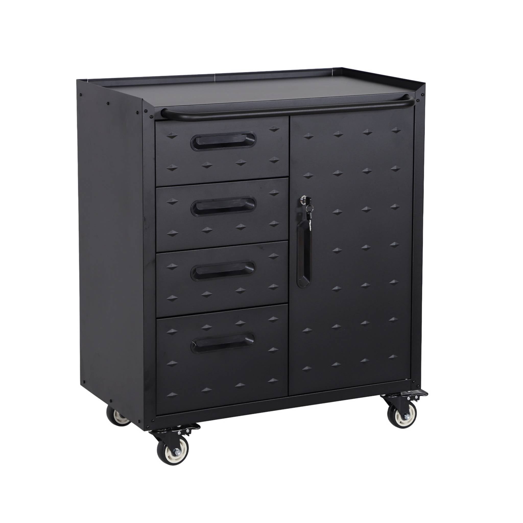 Mobile basso da garage con 4 cassetti e una porta, nero