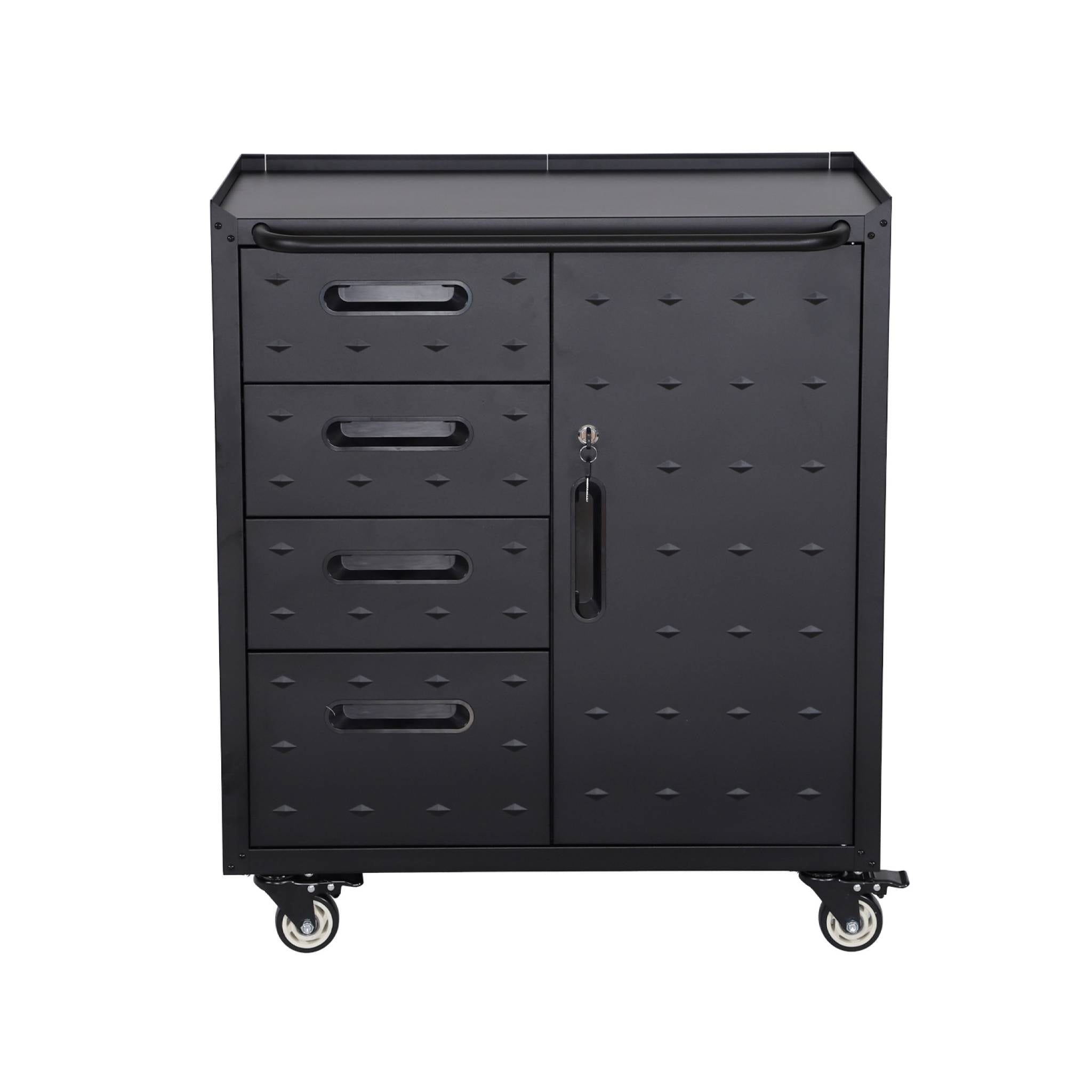 Mobile basso da garage con 4 cassetti e una porta, nero