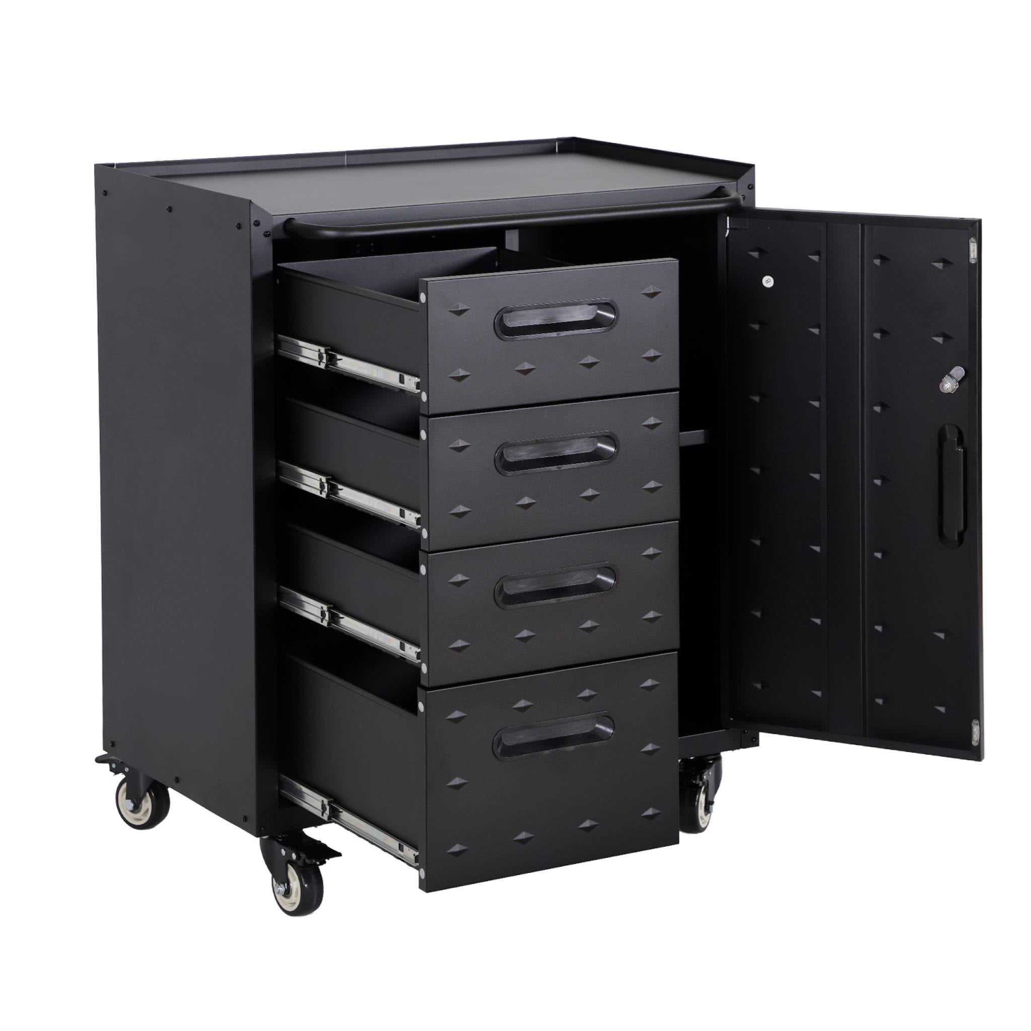 Mobile basso da garage con 4 cassetti e una porta, nero