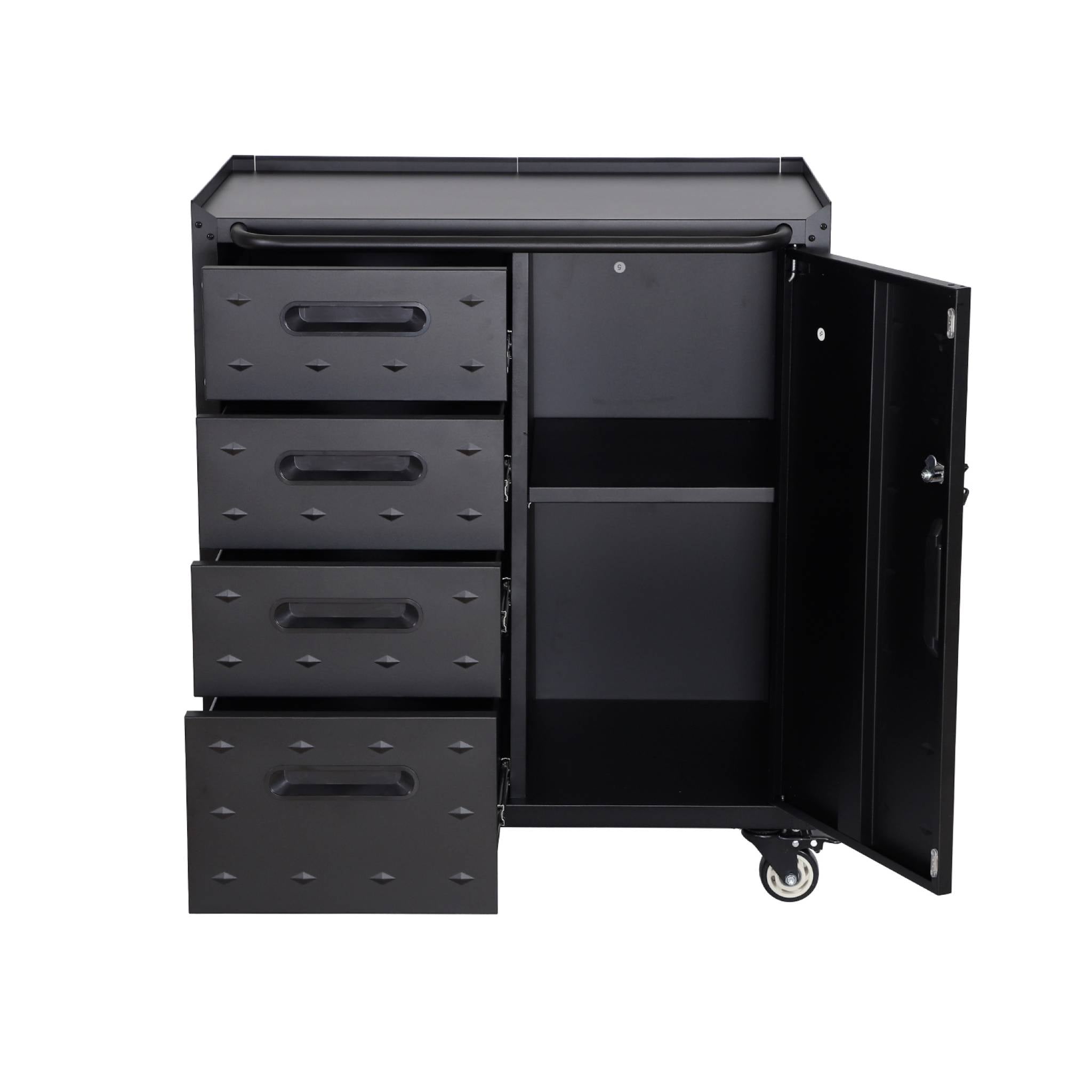 Mobile basso da garage con 4 cassetti e una porta, nero