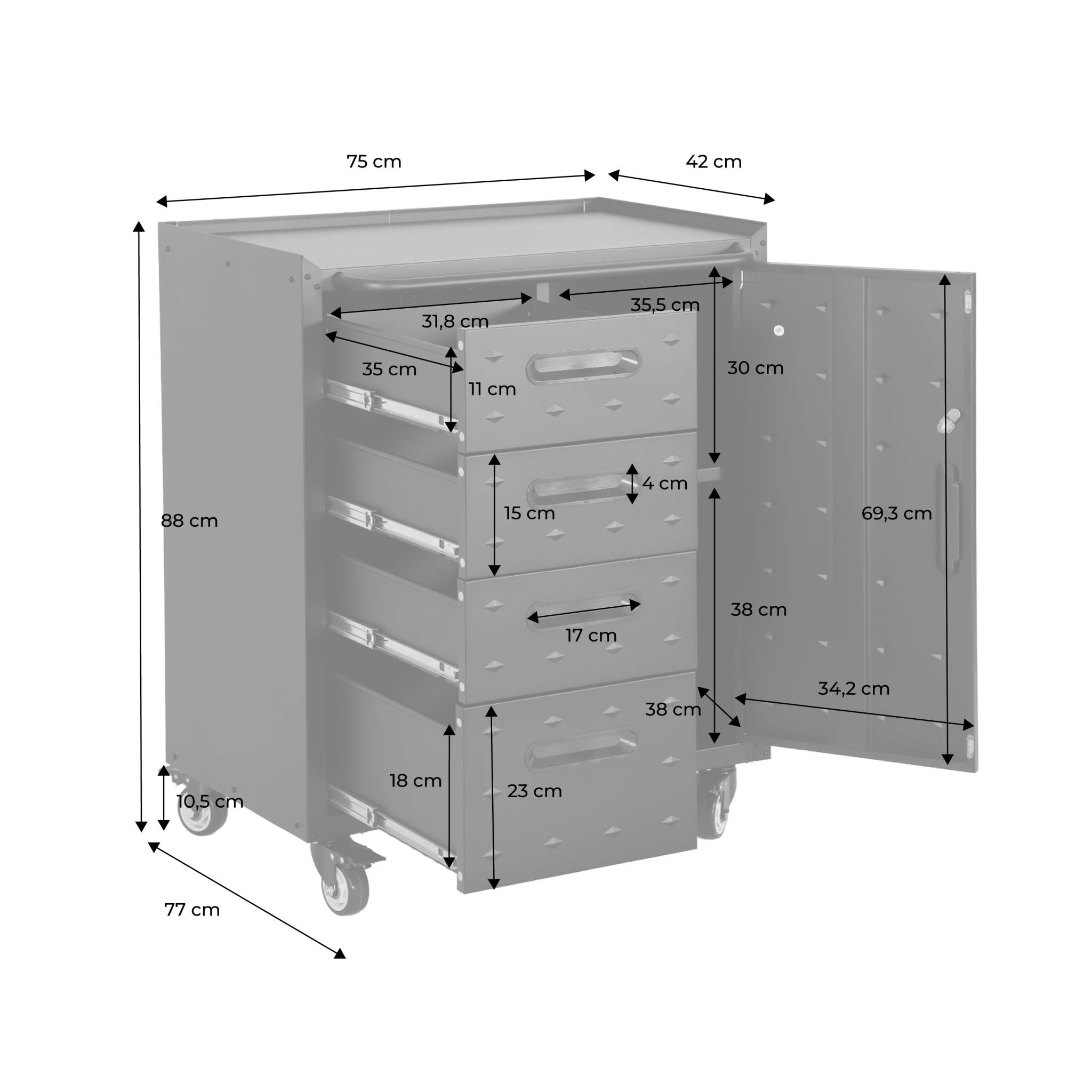 Mobile basso da garage con 4 cassetti e una porta, nero