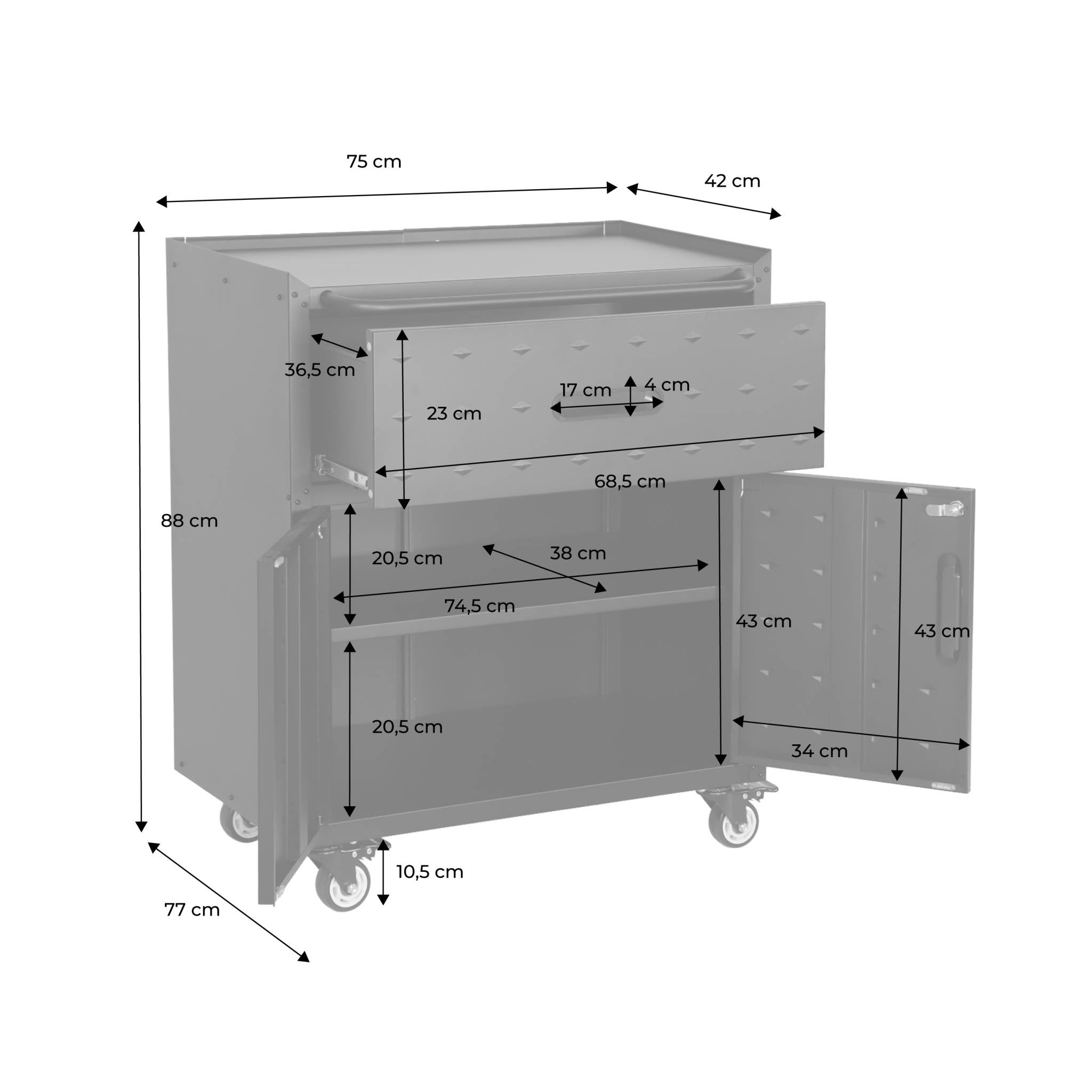 Mobile basso da garage con 1 cassetto e 2 ante, nero