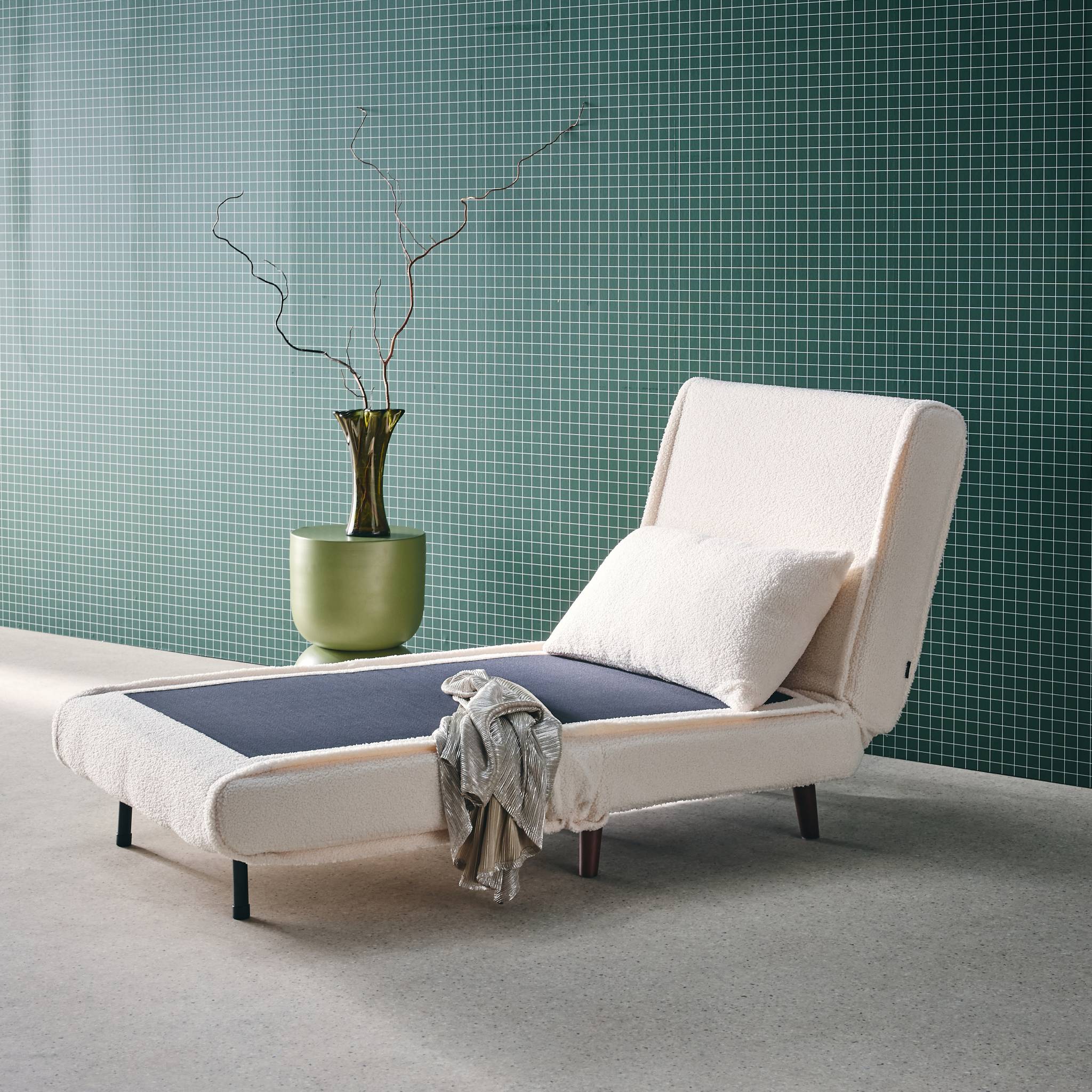 Poltrona letto bouclé con base in legno 1 posto, crema