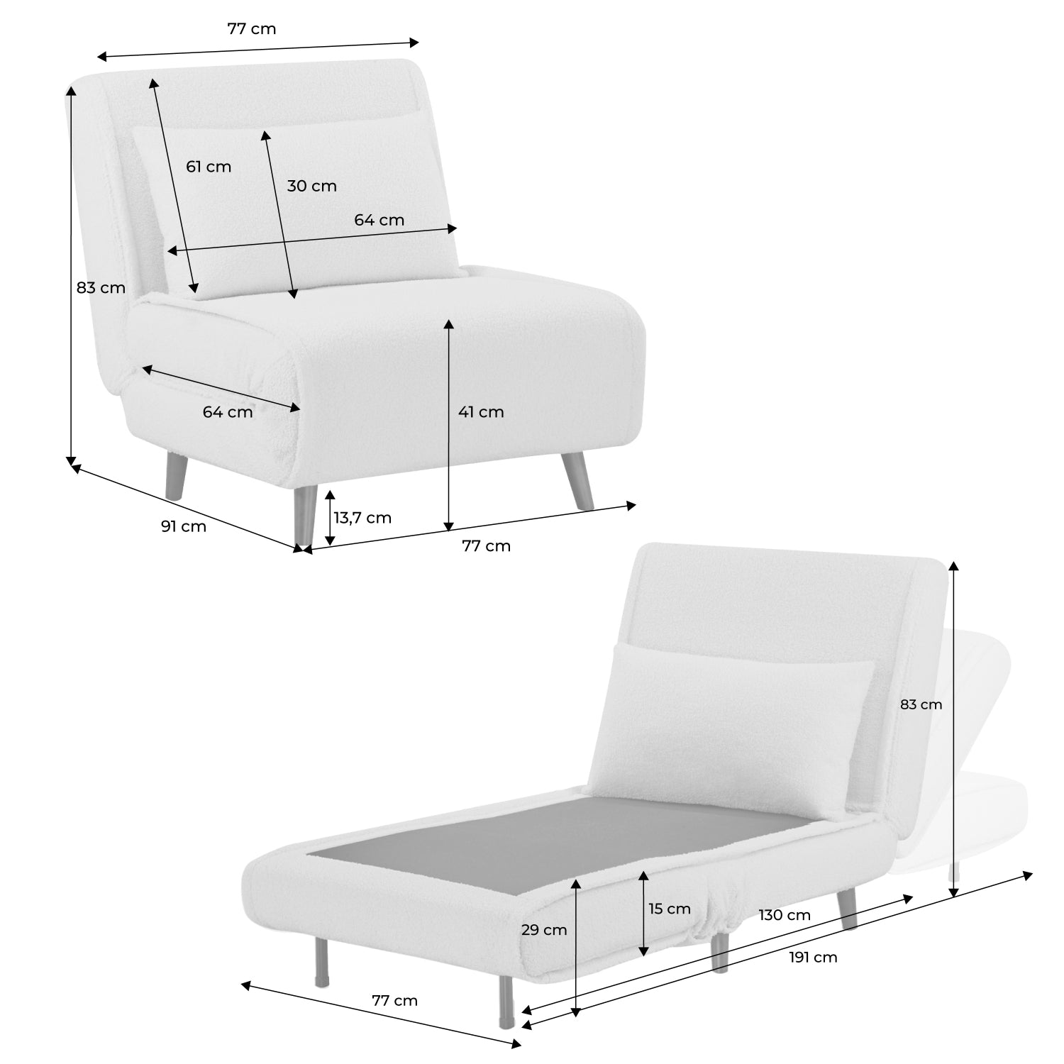 Poltrona letto bouclé con base in legno 1 posto, crema