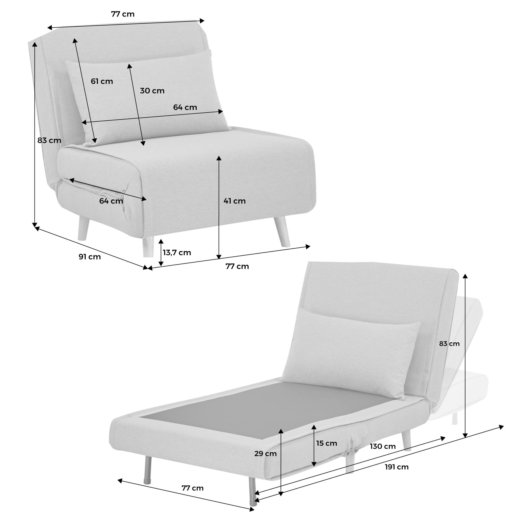 Poltrona letto convertibile tessuto con piedi in legno 1 posto, beige
