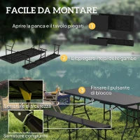 Set da Pic Nic Pieghevole a 3 Pezzi con Tavolo e 2 Panche in HDPE e Metallo, Nero