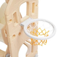 Scivolo per bambini 5-in-1 con altalena, arrampicata, canestro da basket e spazio di stoccaggio, 179×184×103 cm,Marrone+Bianco