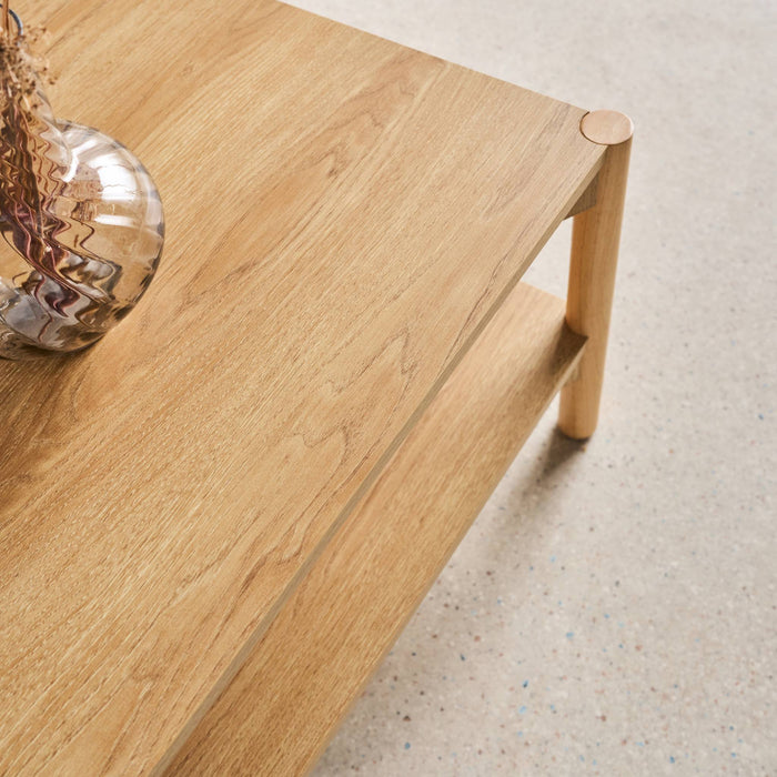 Tavolino rettangolare decorazione legno doppio ripiano, marrone