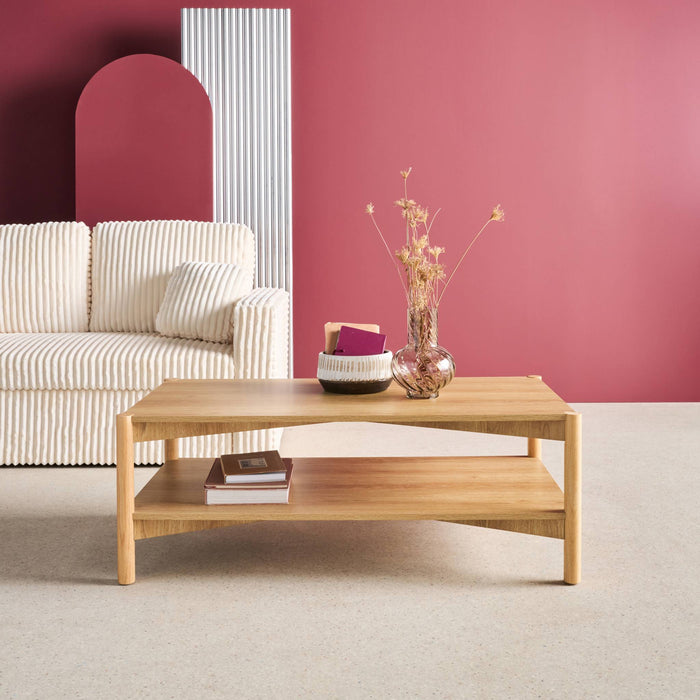 Tavolino rettangolare decorazione legno doppio ripiano, marrone