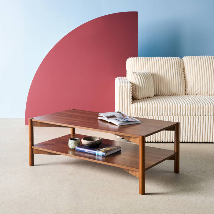 Tavolino rettangolare decorazione legno doppio ripiano, marrone