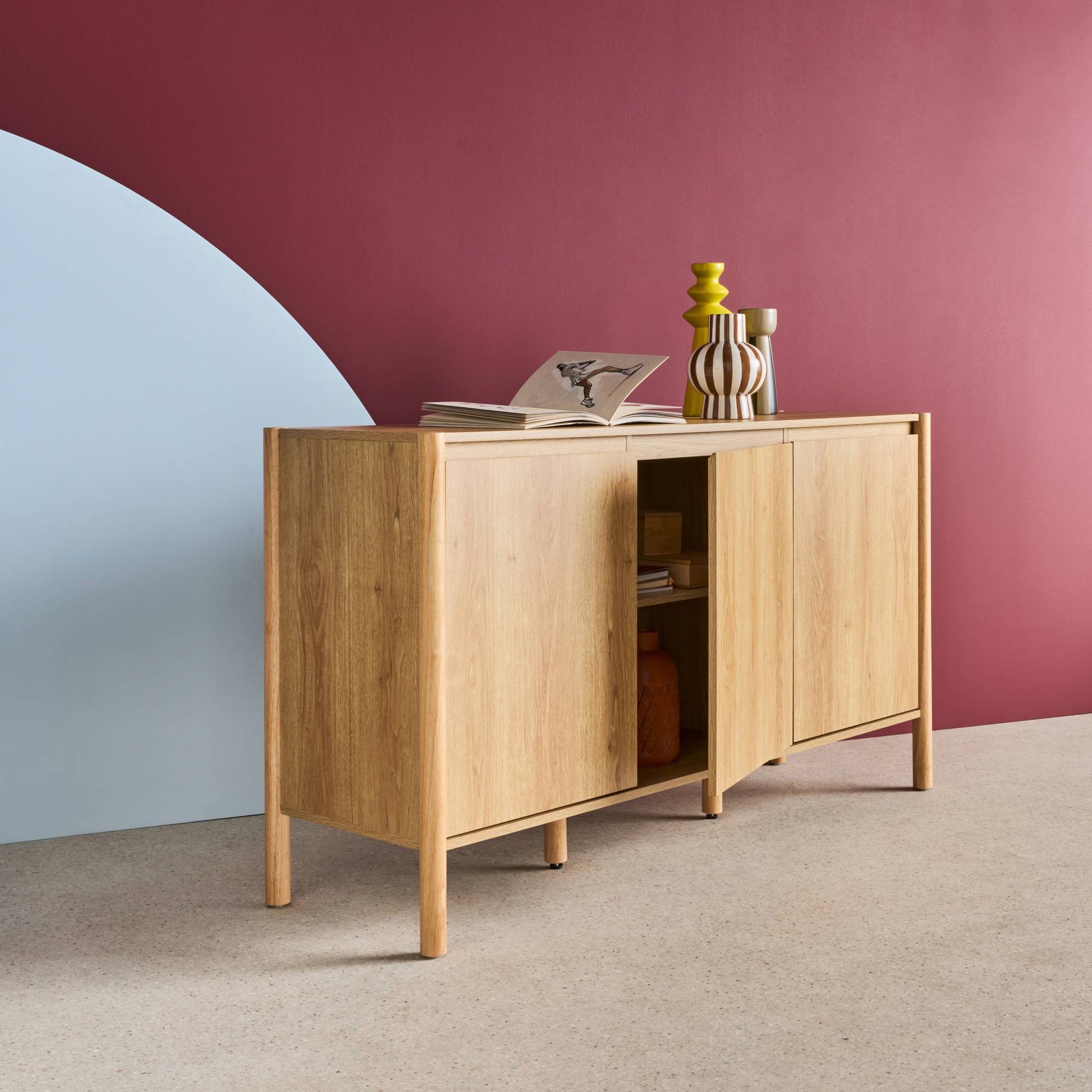 Credenza decorazione legno 3 ante 140cm, marrone naturale