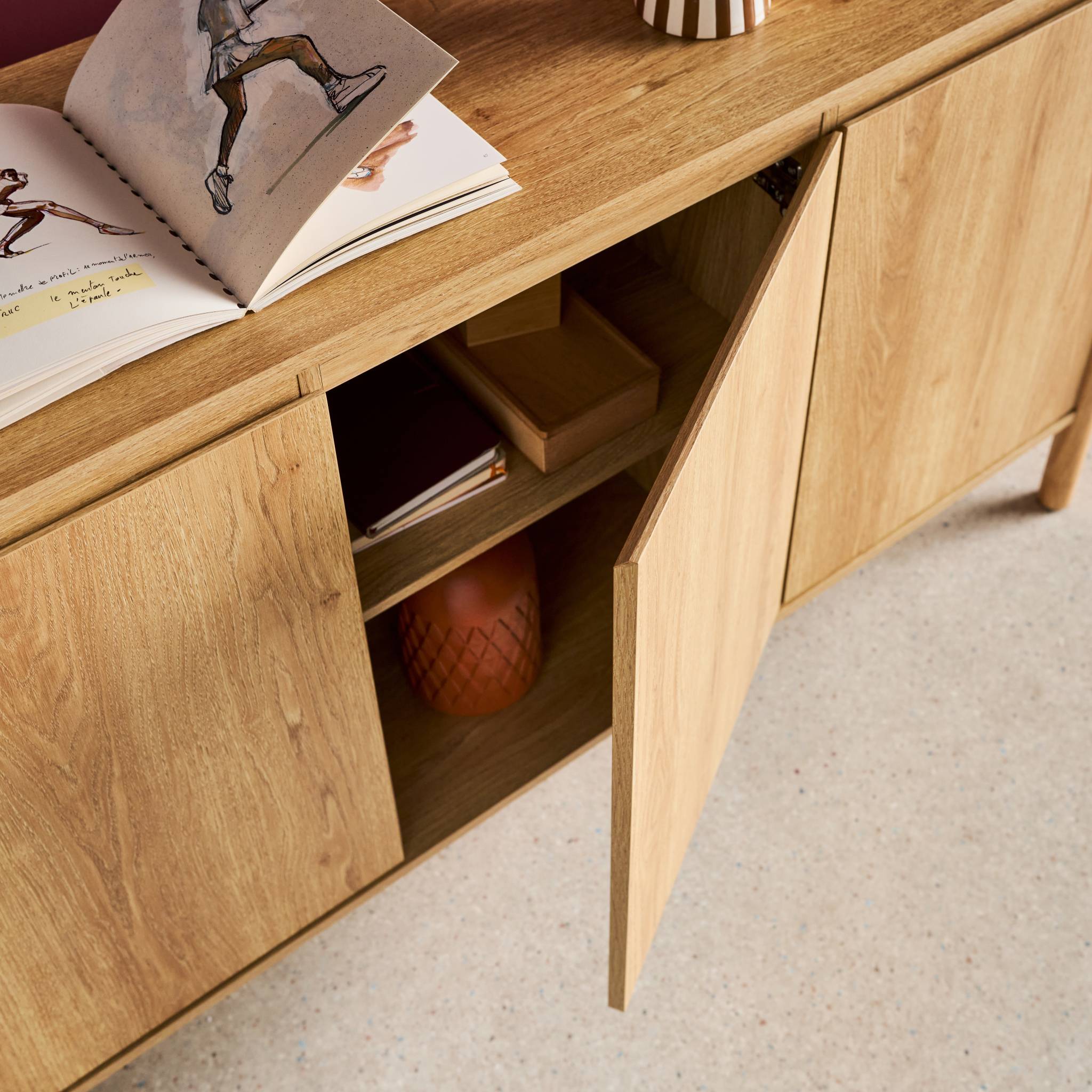 Credenza decorazione legno 3 ante 140cm, marrone naturale