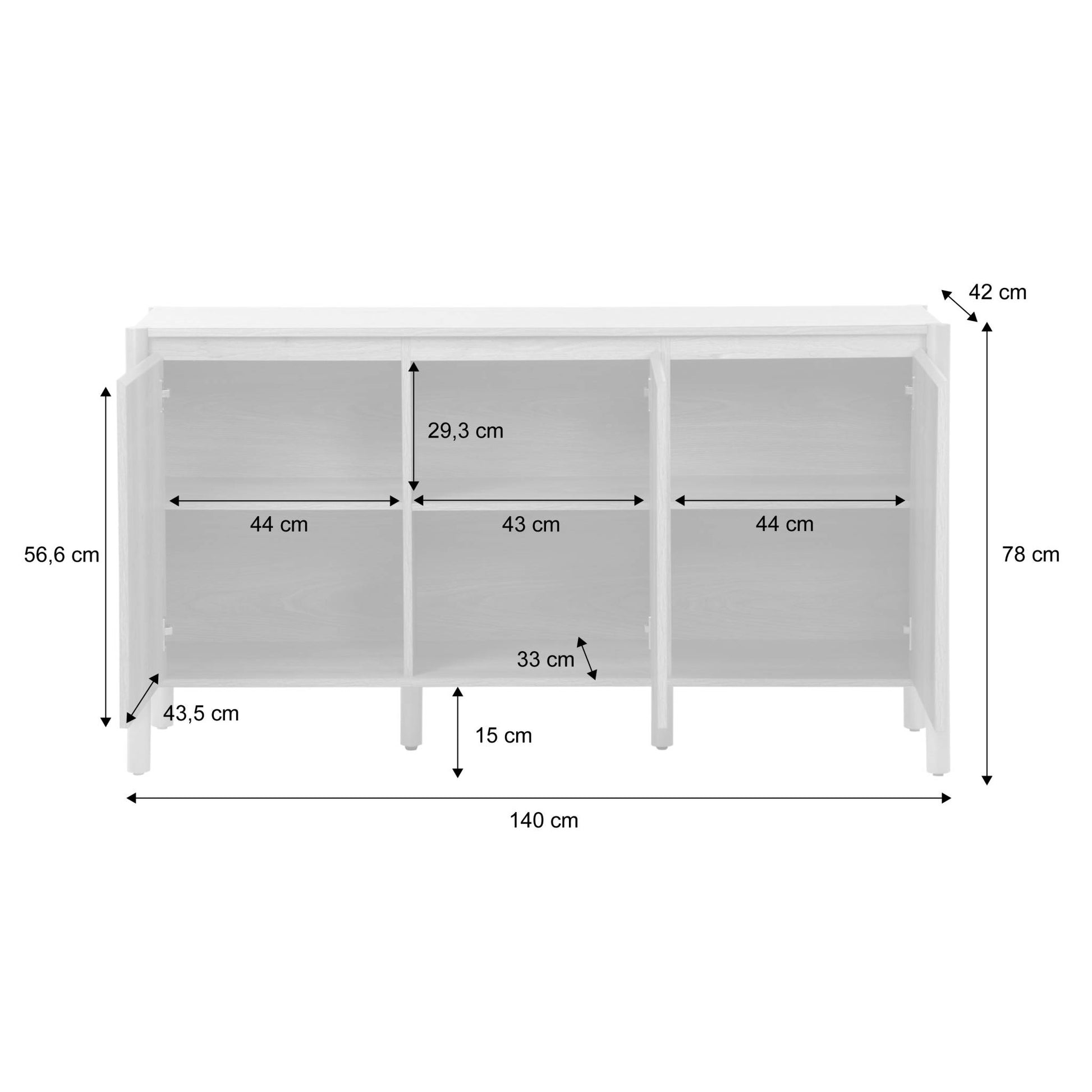 Credenza decorazione legno 3 ante 140cm, marrone naturale