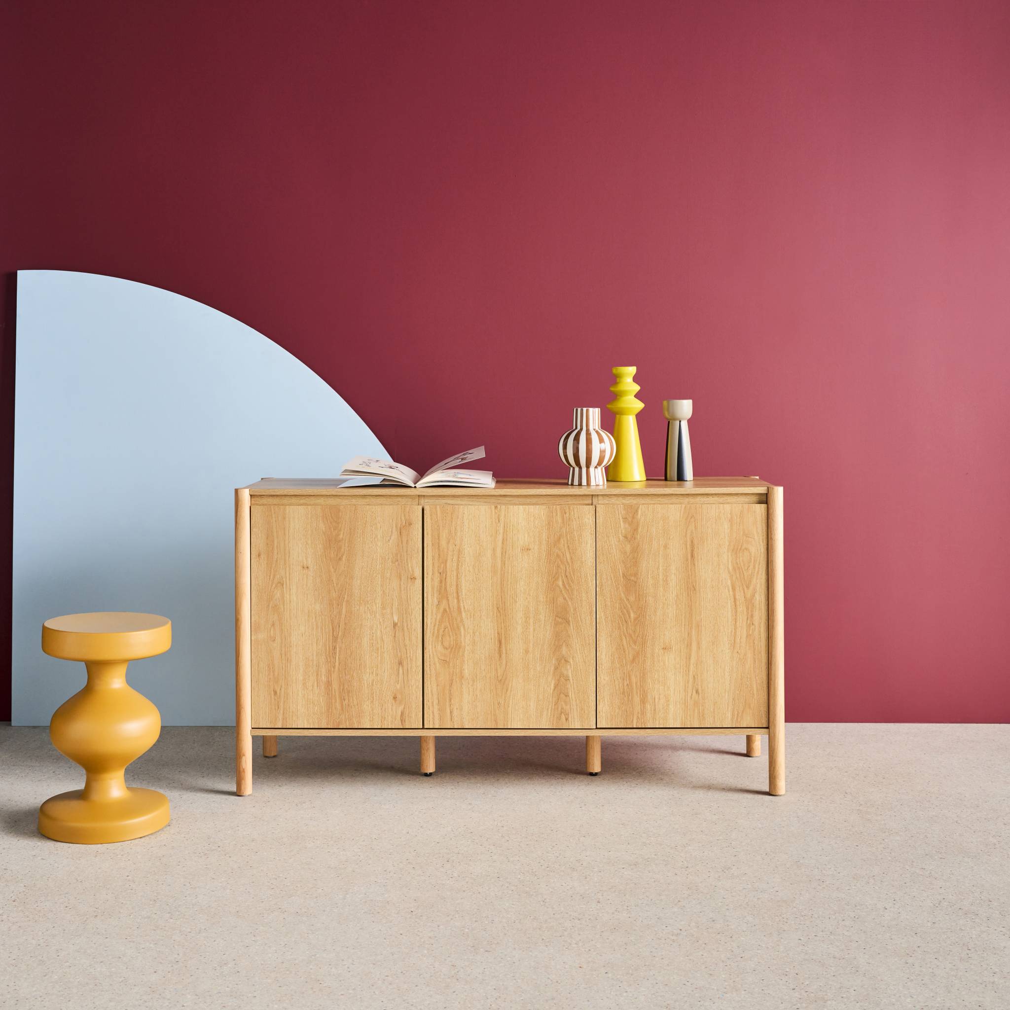 Credenza decorazione legno 3 ante 140cm, marrone naturale