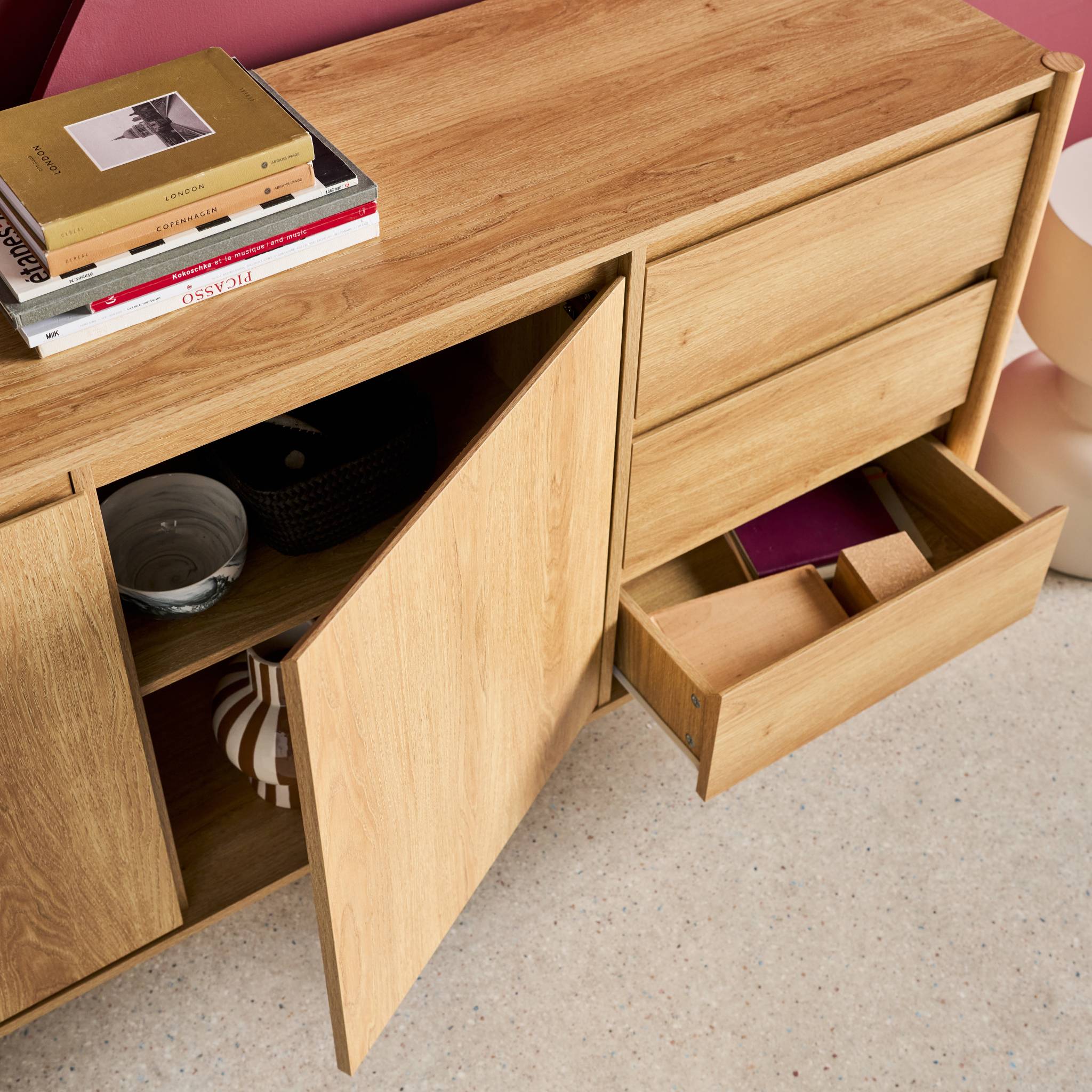 Credenza decorazione legno 2 ante 3 cassetti 150cm, marrone naturale