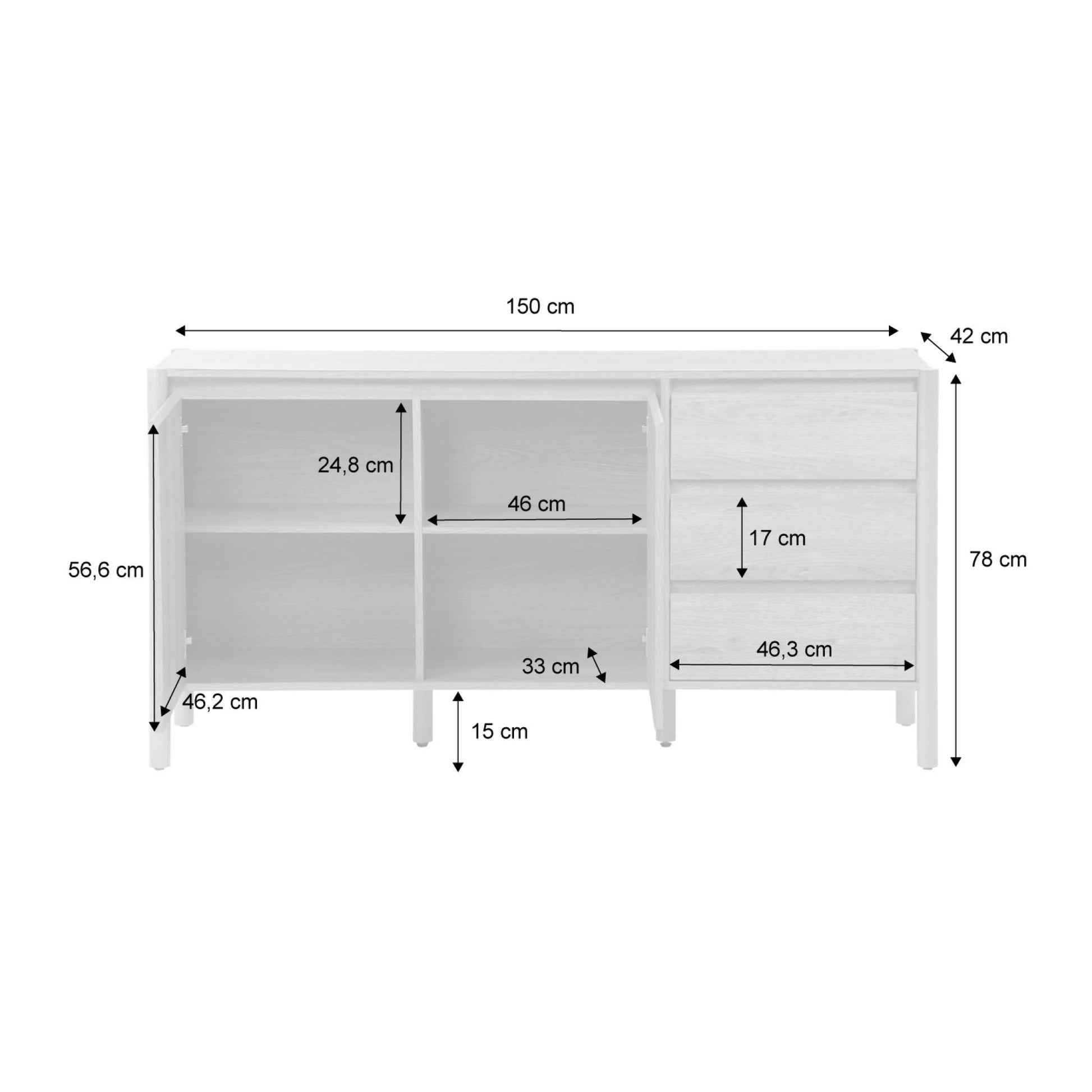 Credenza decorazione legno 2 ante 3 cassetti 150cm, marrone naturale