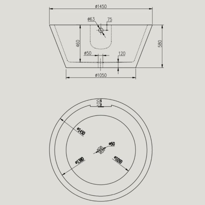 Vasca da bagno free standing tonda acrilico bianco lucido cm Ø 145 x h 58 cm