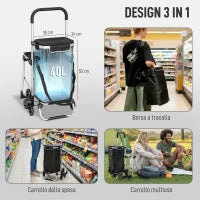 Carrello della Spesa in Alluminio con Borsa da 40L Impermeabile e Sedile, 46x59.5x97 cm, Nero e Argento