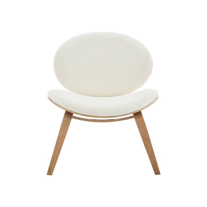 Poltrona con finiture effetto legno curvato e tessuto bouclé, quercia