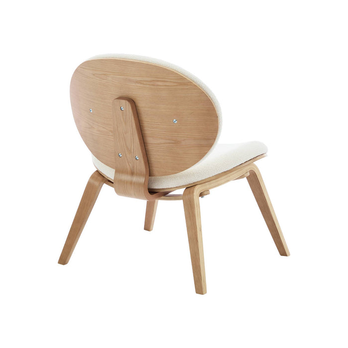 Poltrona con finiture effetto legno curvato e tessuto bouclé, quercia