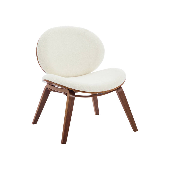 Poltrona con finiture effetto legno curvato e tessuto bouclé, marrone