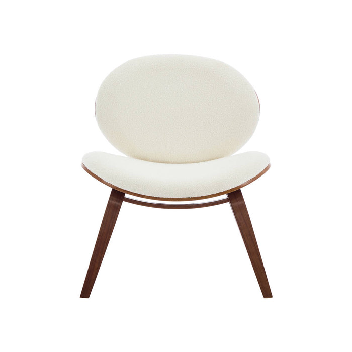 Poltrona con finiture effetto legno curvato e tessuto bouclé, marrone