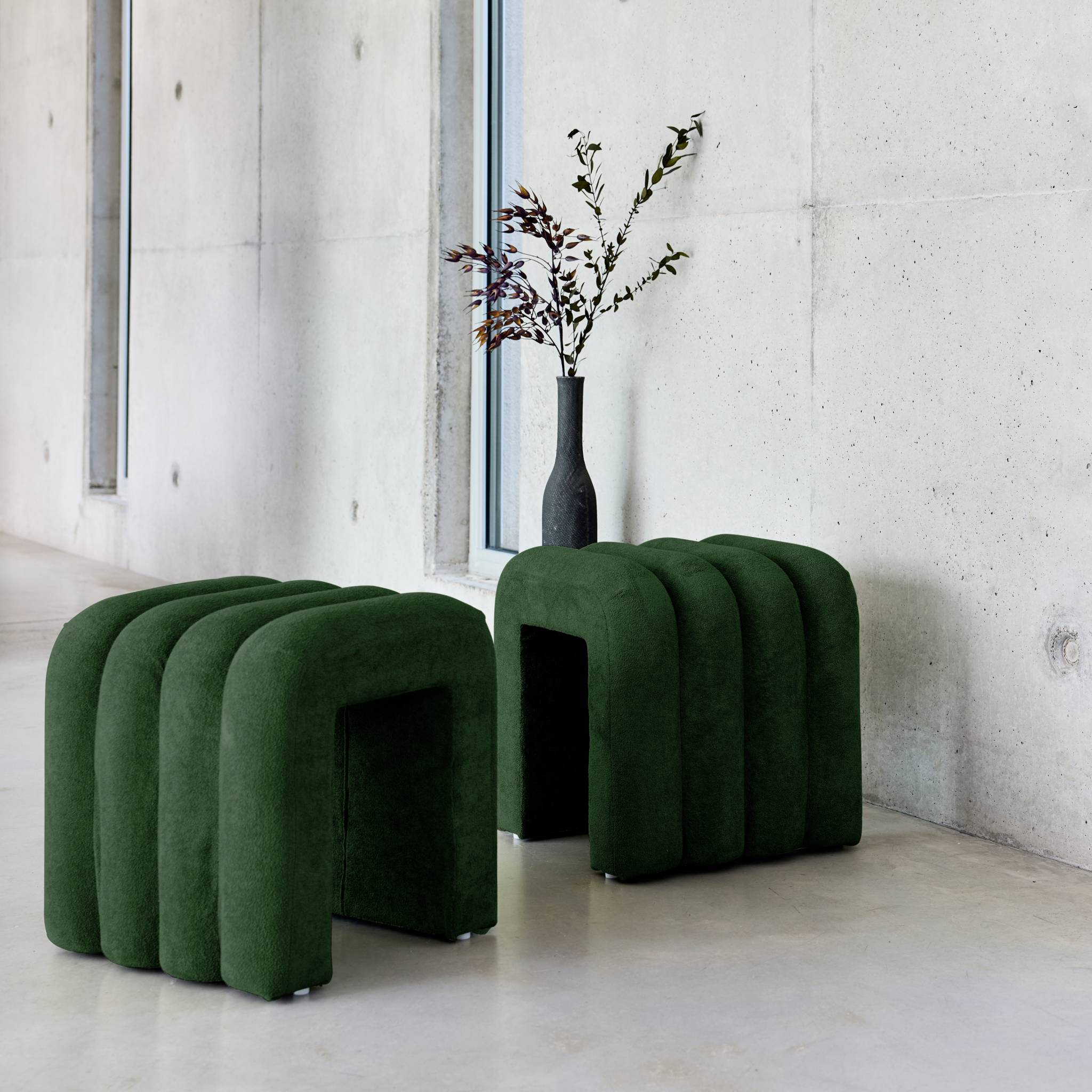 Set di 2 pouf contemporanei, tessuto, verde scuro