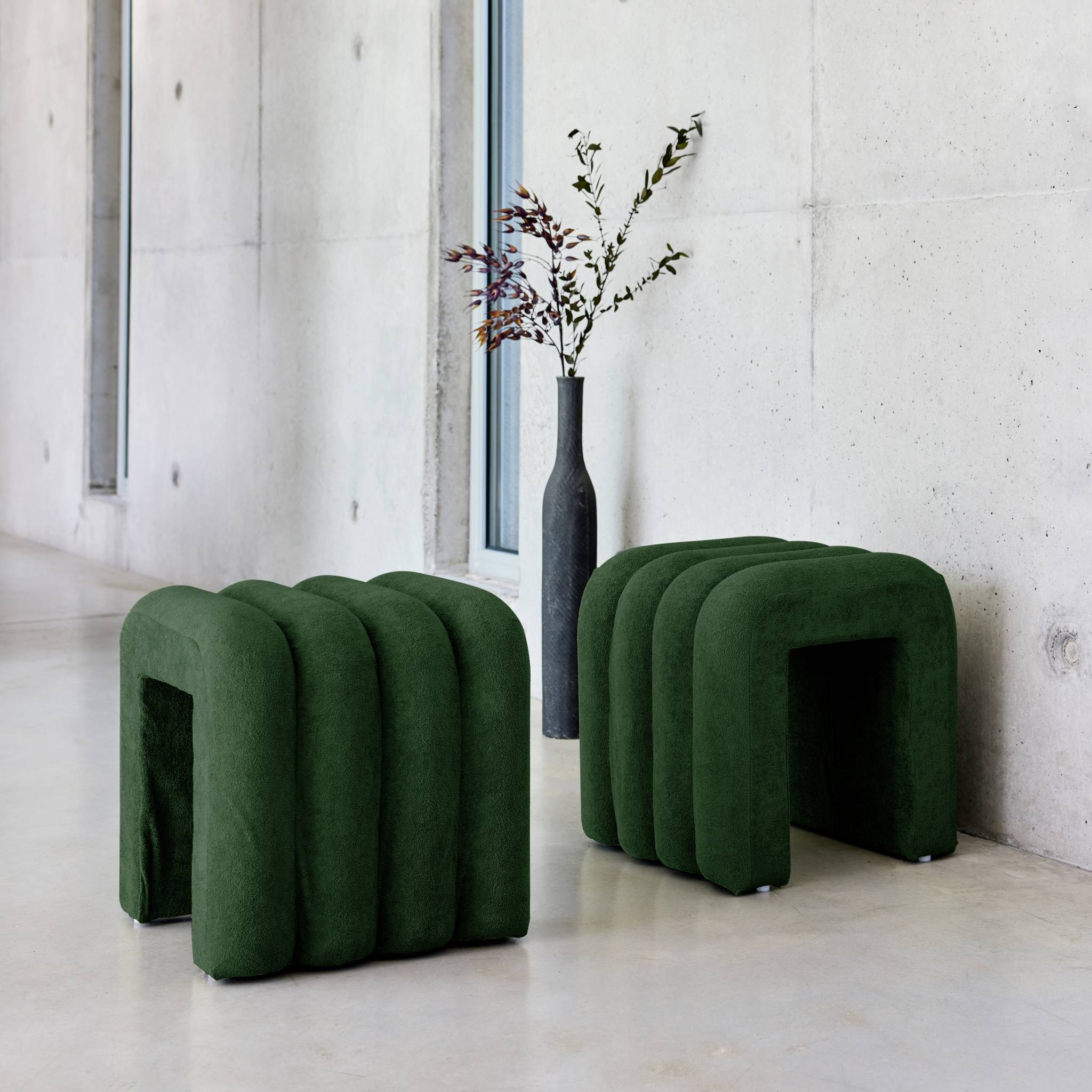 Set di 2 pouf contemporanei, tessuto, verde scuro