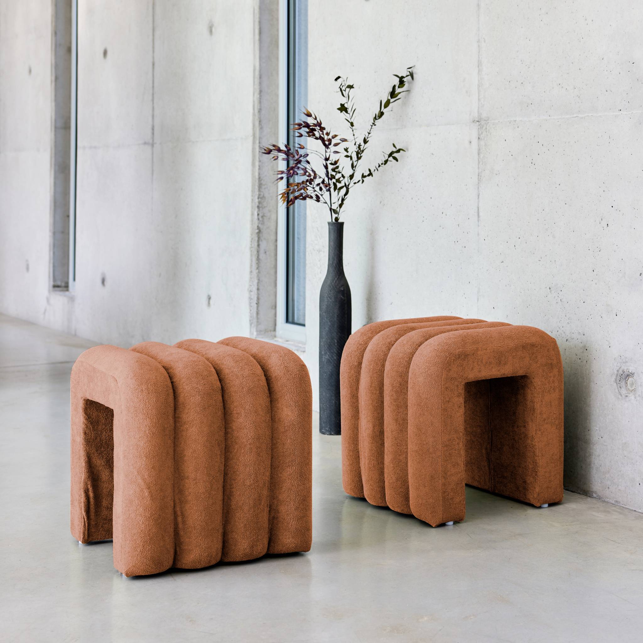Set di 2 pouf contemporanei, tessuto, arancione