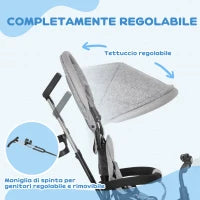 Triciclo per Bambini con Maniglione 6 in 1, Tettuccio Regolabile e Cintura di Sicurezza, Età 1-5 Anni, Grigio
