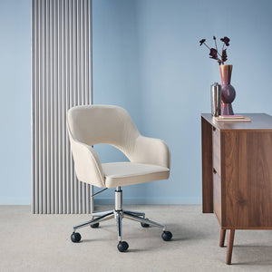 Sedia da ufficio a rotelle velluto a coste base cromata, bianco sporco