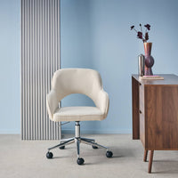 Sedia da ufficio a rotelle velluto a coste base cromata, bianco sporco