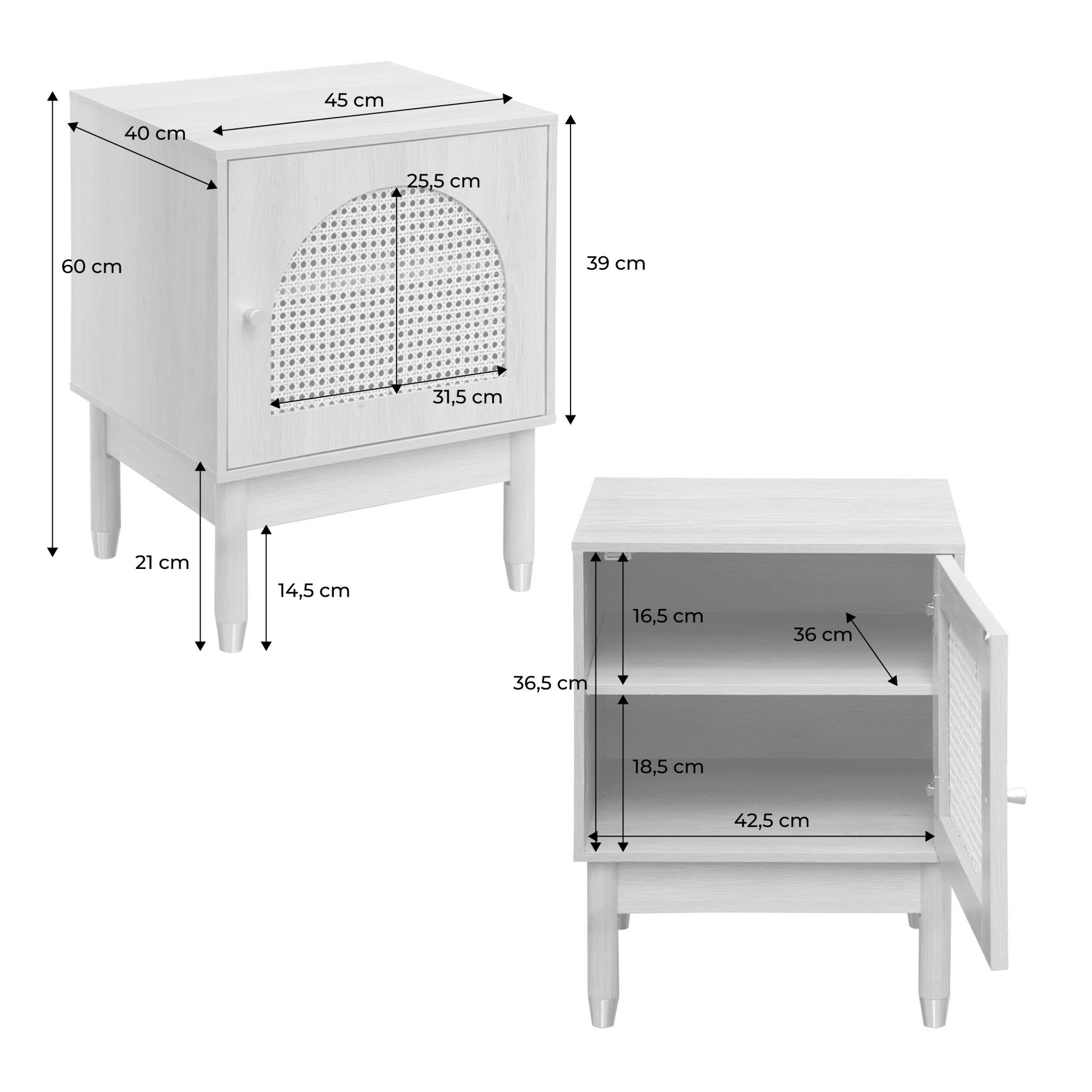Set 2 comodini in legno con ante in cannage, marrone naturale