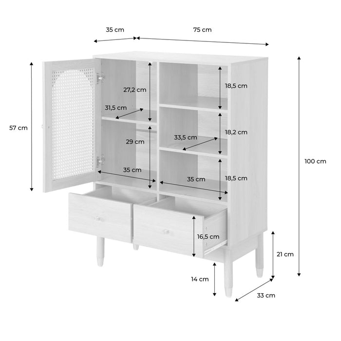 Buffet decorativo in legno e canna 1 porta 75cm, marrone naturale