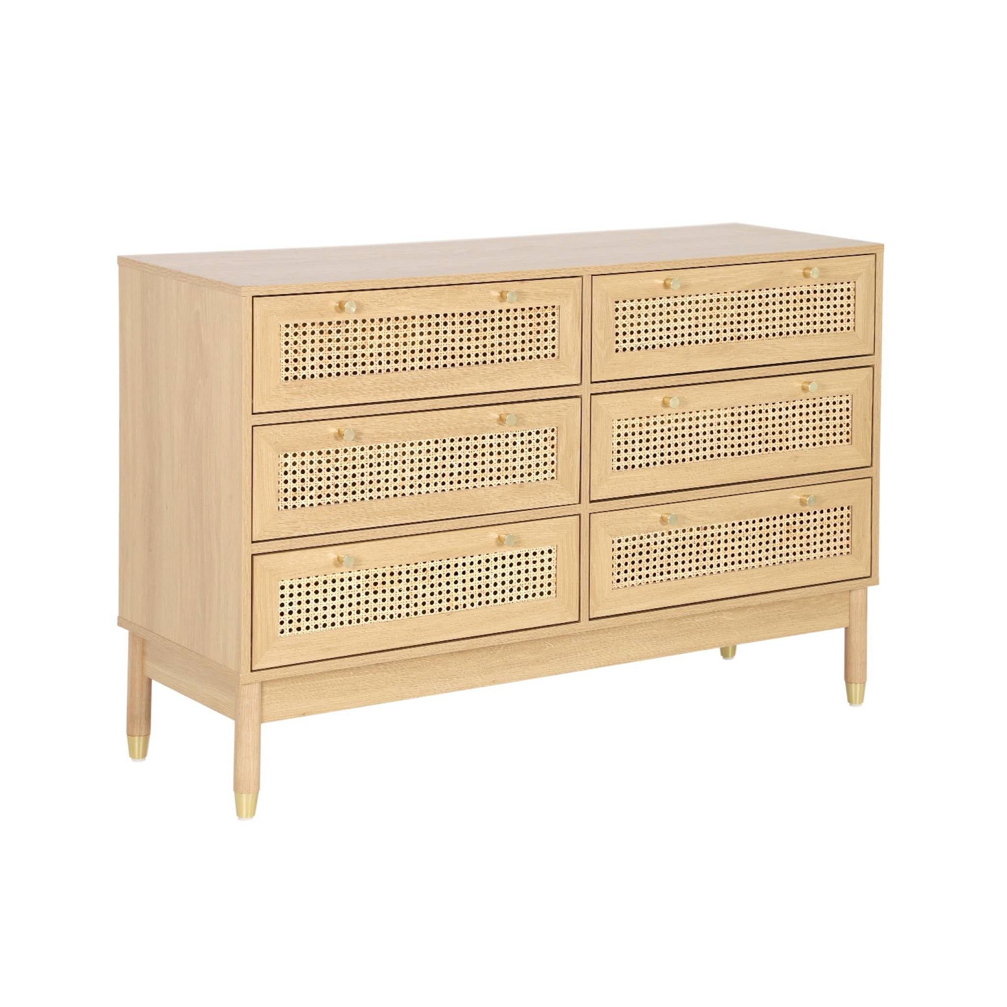 Cassettiera decorativa legno e rattan 6 cassetti, marrone naturale