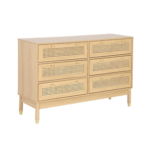 Cassettiera decorativa legno e rattan 6 cassetti, marrone naturale