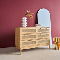 Cassettiera decorativa legno e rattan 6 cassetti, marrone naturale