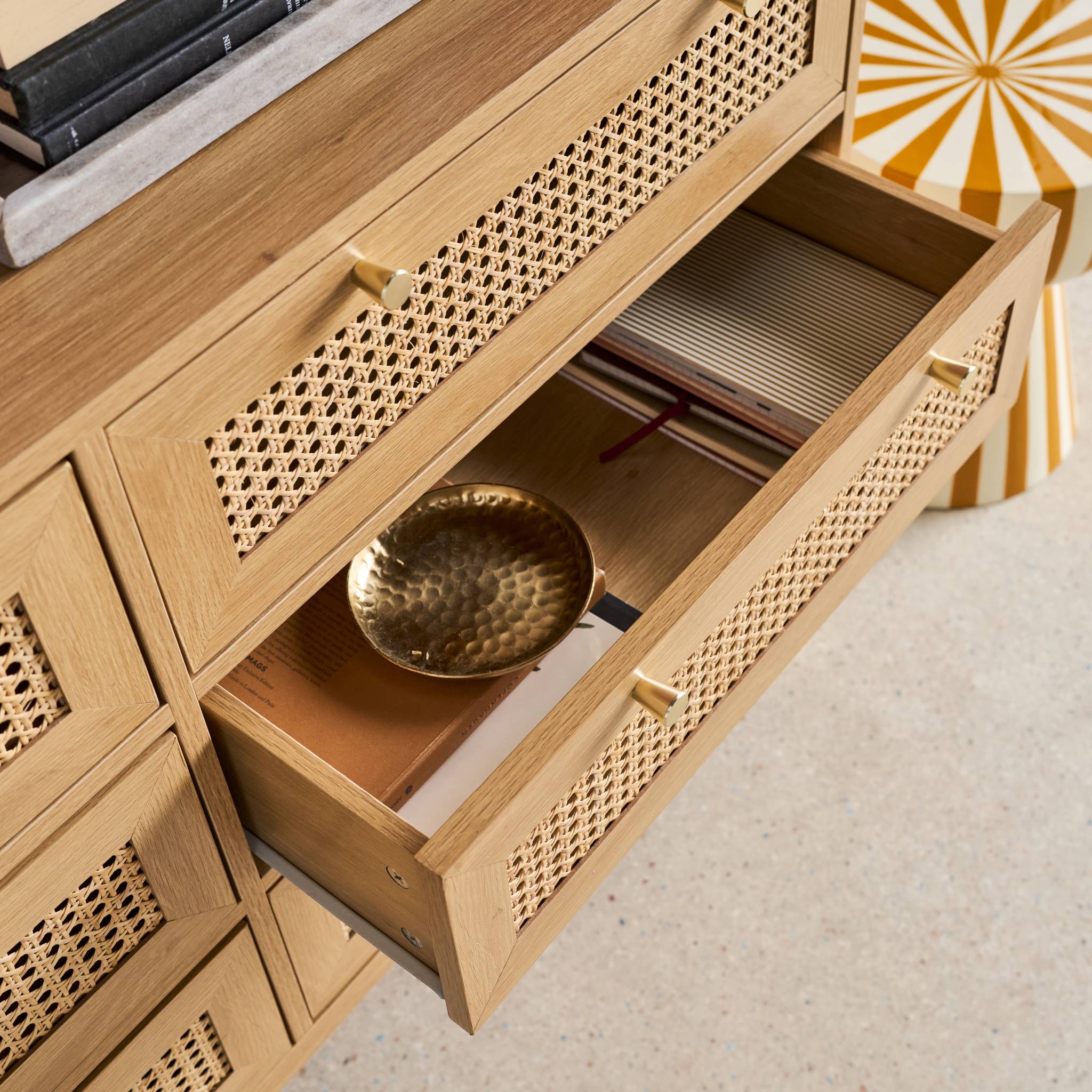 Cassettiera decorativa legno e rattan 6 cassetti, marrone naturale