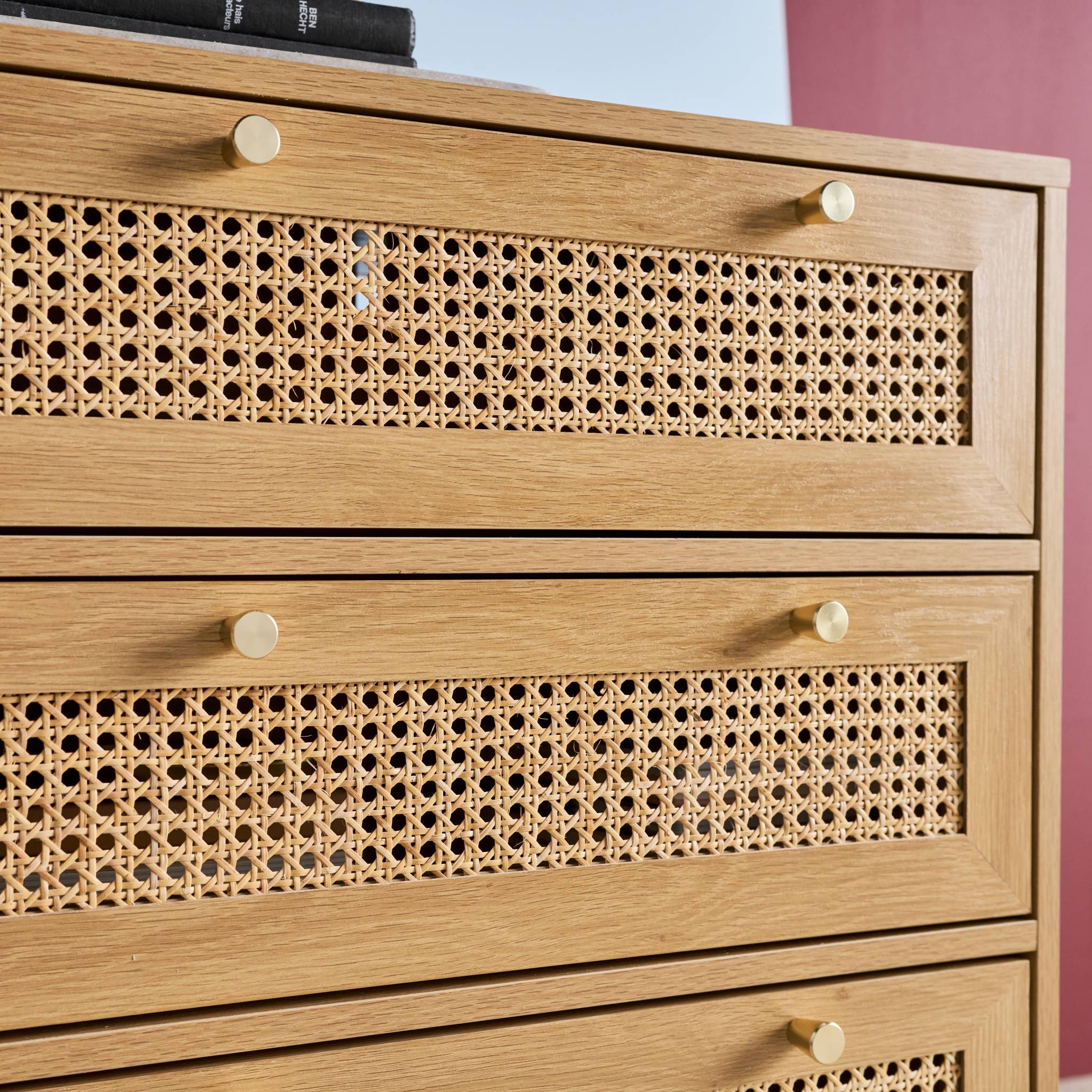 Cassettiera decorativa legno e rattan 6 cassetti, marrone naturale