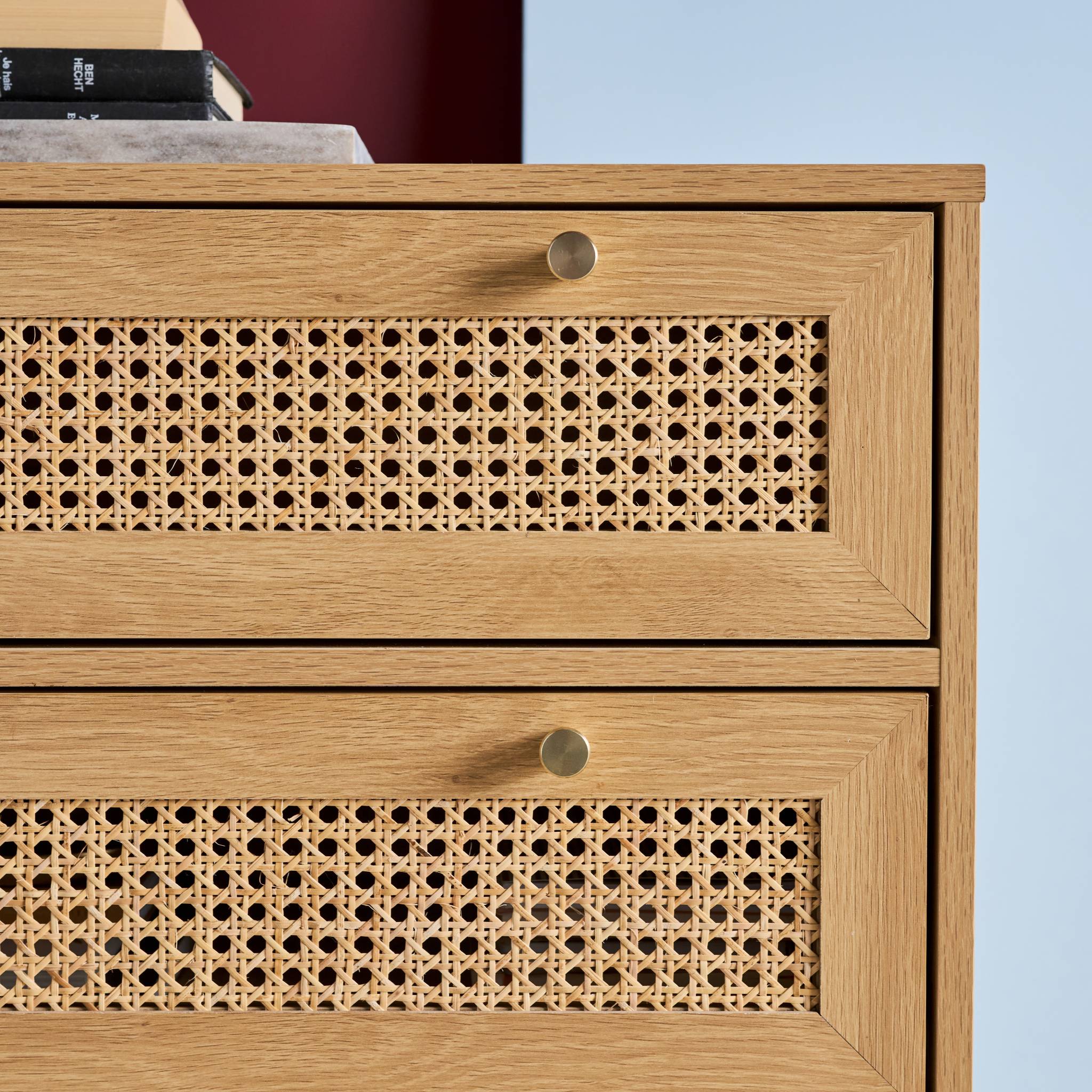 Cassettiera decorativa legno e rattan 6 cassetti, marrone naturale