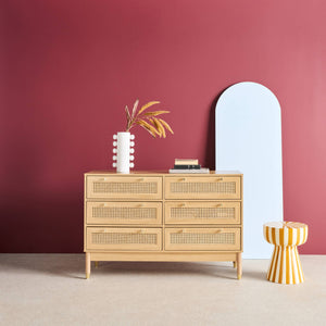 Cassettiera decorativa legno e rattan 6 cassetti, marrone naturale