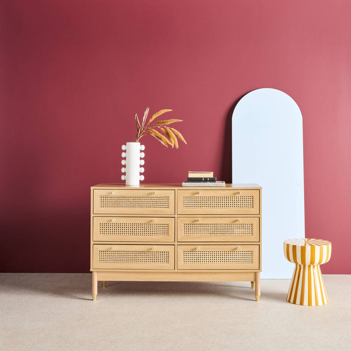 Cassettiera decorativa legno e rattan 6 cassetti, marrone naturale