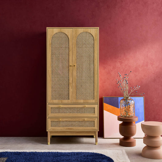 Armadio a due ante con due cassetti in legno intrecciato, marrone