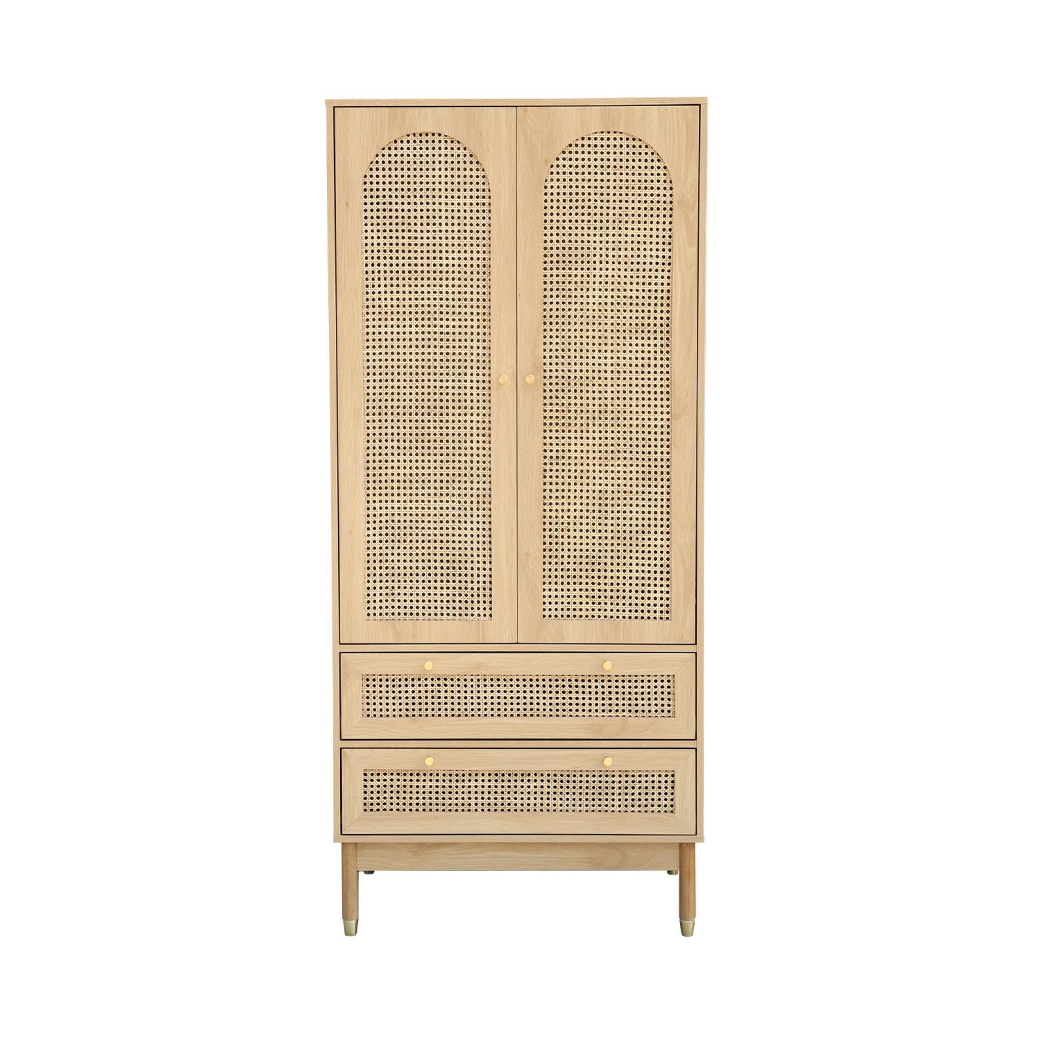 Armadio a due ante con due cassetti in legno intrecciato, marrone