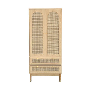 Armadio a due ante con due cassetti in legno intrecciato, marrone