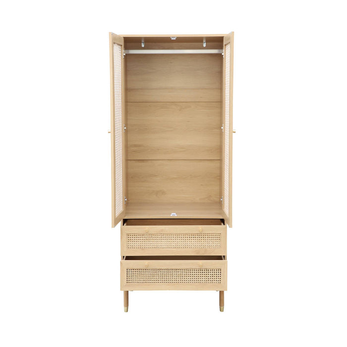 Armadio a due ante con due cassetti in legno intrecciato, marrone